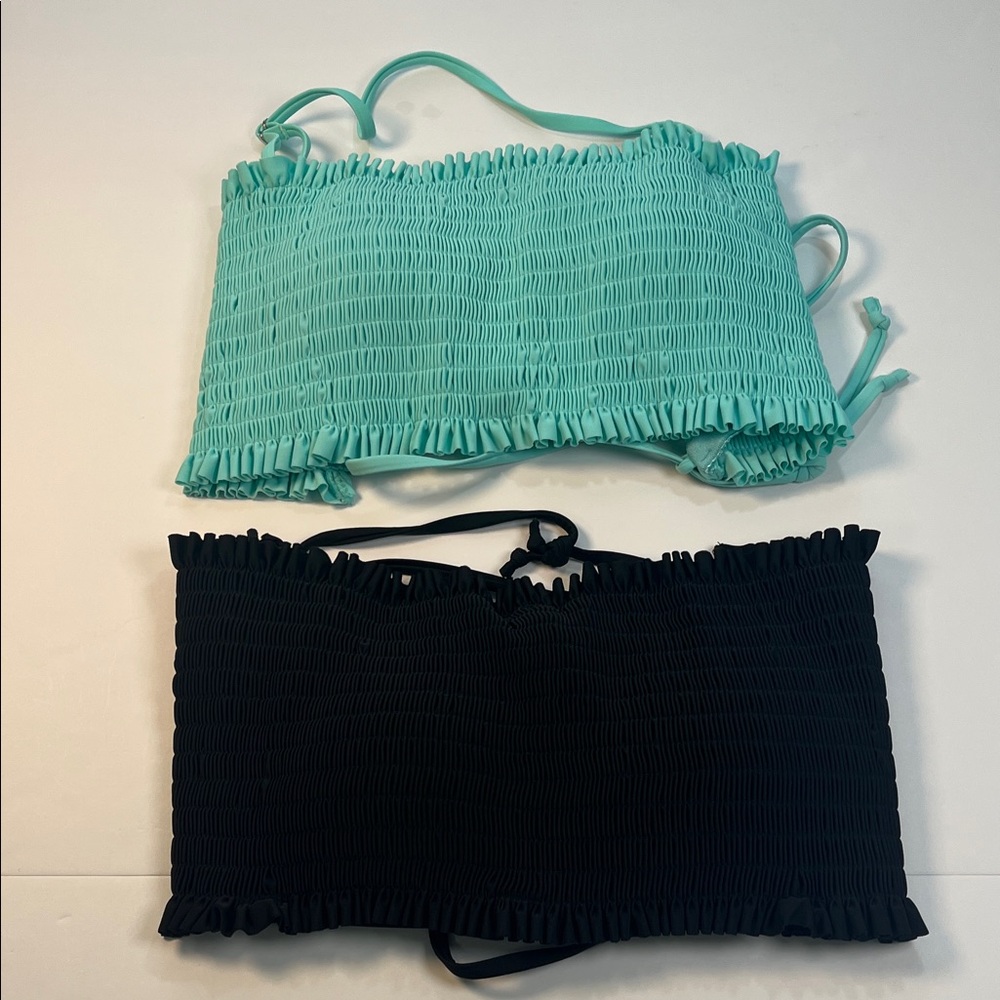 H2OH Colours Stylish Black and Teal Smocked Bikini Tops Spandex Blend Sz XL